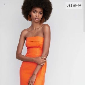 Mango Orange Linen strapless dress S NWT